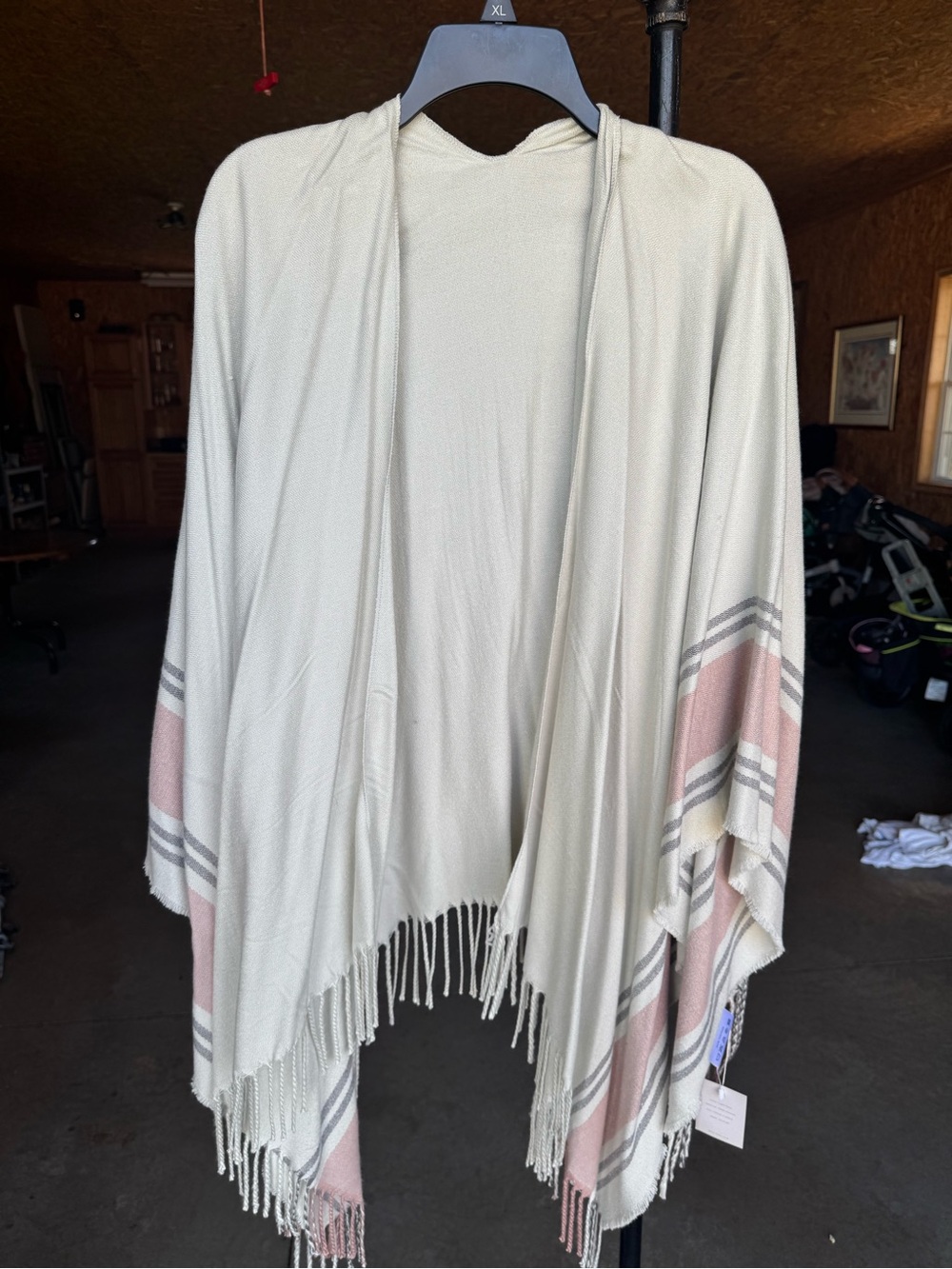 Cream Fringe Shawl with Blush and Gray Stripes